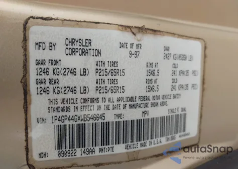 1998 Plymouth Grand Voyager Se/Expresso из США, поврежденный, VIN 1P4GP44GXWB546645